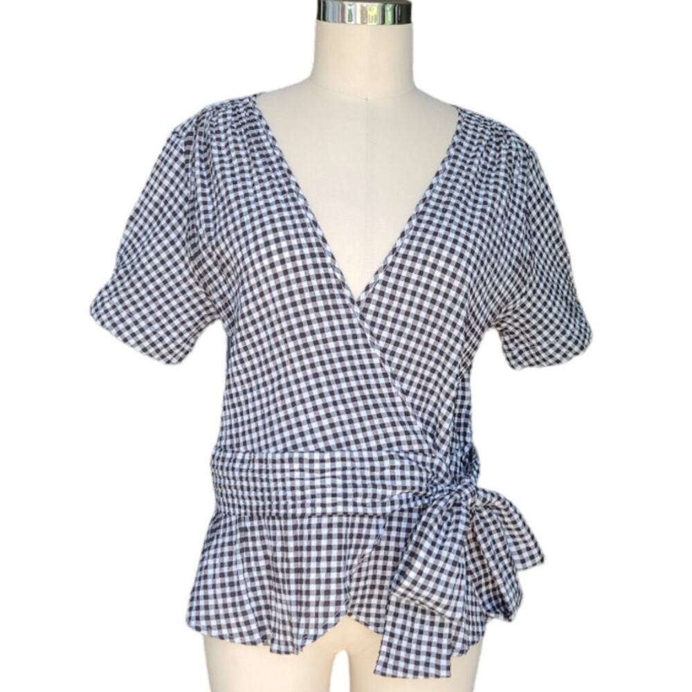 Max Studio Gingham Wrap Blouse Tie Waist L Casual Brunch Vacation Preppy